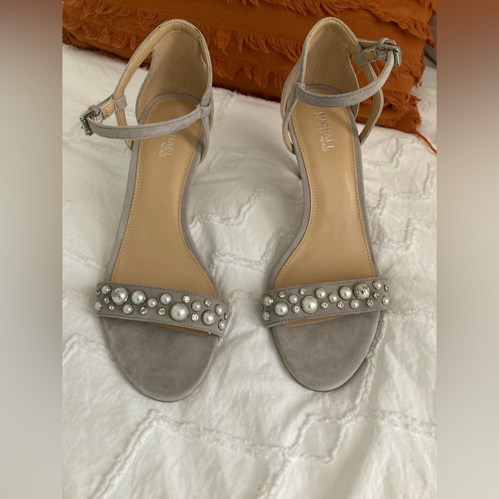 Michael Kors Gray Suede Pearl-Embellished Ankle Strap Heels